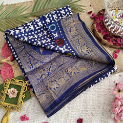 Vriksham Bandhani Style Indigo Ajrakh Dola Silk Saree-VS4365