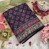 Vriksham Navy Blue Floral Print Ajrakh Dola Silk Saree-VS4374
