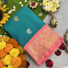 Vriksham Turquoise With Baby Pink Gold Zari Korvai Pure Silk Saree-VS4819
