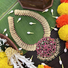 Vriksham Dual Peacock Pendant With Peacock Lakshmi Coin Kundan Jadau Long Neckpiece-Red Green & White-Pearls & Green Bead-J4000