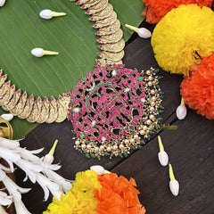 Vriksham Dual Peacock Pendant With Peacock Lakshmi Coin Kundan Jadau Long Neckpiece-Red Green & White-Pearls & Green Bead-J4000