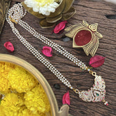 Vriksham AD Stone Dual Peacock Pendant 3 Layer Pearl Mala-Green-G18835