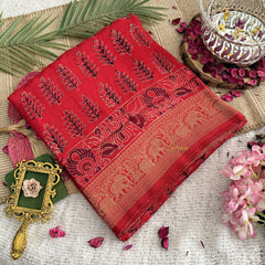 Vriksham Red Ajrakh Dola Silk Saree-VS4368