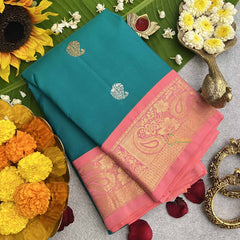 Vriksham Turquoise With Baby Pink Gold Zari Korvai Pure Silk Saree-VS4819