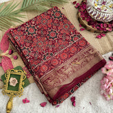 Vriksham Maroon With Floral Print Ajrakh Dola Silk Saree-VS4378