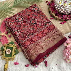 Vriksham Maroon With Floral Print Ajrakh Dola Silk Saree-VS4378