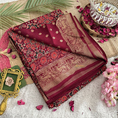 Vriksham Maroon With Floral Print Ajrakh Dola Silk Saree-VS4378