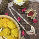 Vriksham AD Stone Dual Peacock Pendant 3 Layer Pearl Mala-Red-G18834