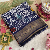 Vriksham Navy Blue Bandhani Print Ajrakh Dola Silk Saree-VS4375