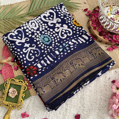 Vriksham Navy Blue Bandhani Print Ajrakh Dola Silk Saree-VS4375