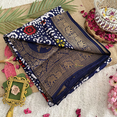 Vriksham Navy Blue Bandhani Print Ajrakh Dola Silk Saree-VS4375