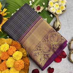 Vriksham Navy Blue With Wine Golden Zari Vairaoosi Podi Kattam Pure Silk Saree-VS4830