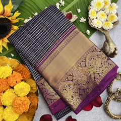 Vriksham Navy Blue With Wine Golden Zari Vairaoosi Podi Kattam Pure Silk Saree-VS4830