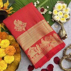 Vriksham Bridal Red With Gold Zari Border Korvai Pure Silk Saree-VS4809