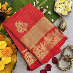 Vriksham Bridal Red With Gold Zari Border Korvai Pure Silk Saree-VS4809