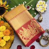 Vriksham Traditional Bridal Mustard Yellow With Red Zari Border Korvai Pure Silk Saree-VS4831