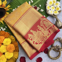 Vriksham Traditional Bridal Mustard Yellow With Red Zari Border Korvai Pure Silk Saree-VS4831