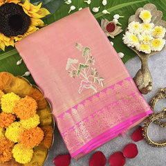 Vriksham Blush Pink Dual Shade Floral Embroidery With Zari Border Korvai Pure Silk Saree-VS4820