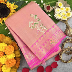 Vriksham Blush Pink Dual Shade Floral Embroidery With Zari Border Korvai Pure Silk Saree-VS4820