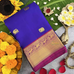 Vriksham Royal Blue With dark  Pink Gold Zari Korvai Pure Silk Saree-VS4818