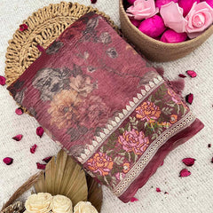 Vriksham Wine Burgundy Floral Organza Saree With Intricate Rose Border Embroidery Organza Saree-Handloom-VS5017