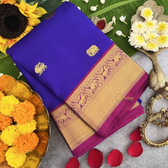 Vriksham Royal Blue With dark  Pink Gold Zari Korvai Pure Silk Saree-VS4818