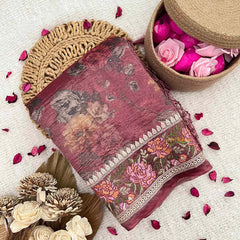 Vriksham Wine Burgundy Floral Organza Saree With Intricate Rose Border Embroidery Organza Saree-Handloom-VS5017