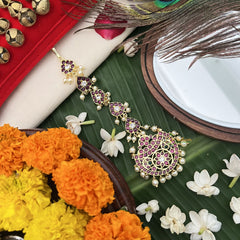 Vriksham Chandbali With Floral Style Kemp Mang Tikka-Red White-Pearl-G19731