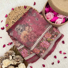 Vriksham Wine Burgundy Floral Organza Saree With Intricate Rose Border Embroidery Organza Saree-Handloom-VS5017