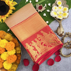 Vriksham Bridal Golden With Red Zari Border Korvai Pure Silk Saree-VS4832