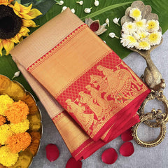 Vriksham Bridal Golden With Red Zari Border Korvai Pure Silk Saree-VS4832