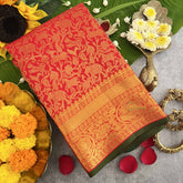Vriksham Vibrant Red With Zari Animal Motifs & Contrast Green Border Korvai Pure Silk Saree-VS4833