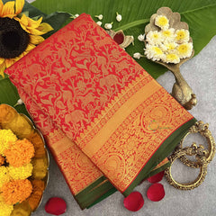 Vriksham Vibrant Red With Zari Animal Motifs & Contrast Green Border Korvai Pure Silk Saree-VS4833