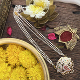 Vriksham AD Stone Leaf Designe Pendant 3 Layer Pearl Mala-Red-G18832