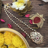 Vriksham AD Stone Peacock Pendant Pearl Layer-Red Green-G18839