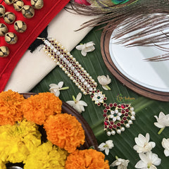 Vriksham Handcrafted Peacock Style Kemp Mang Tikka-Red White & Green-Pearl-G19734