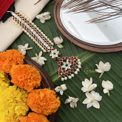 Vriksham Handcrafted Peacock Style Kemp Mang Tikka-Red White & Green-Pearl-G19734