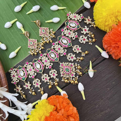 Vriksham Bridal AD Stone Style Choker-Red Green& White-Gold Bead-J3993