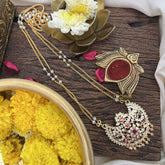 Vriksham AD Stone Half Moon Pendant 2 Layer Pearl With Gold Mala-Red Green-Stone Beads-G18833