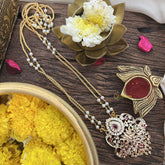 Vriksham AD Stone Lotus Pendant 2 Layer Pearl With Gold Chain-Red Green-G18838