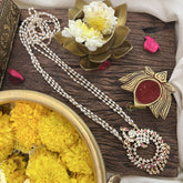 Vriksham AD Stone Peacock Pendant 3 Layer Pearl Mala-Red-G18836