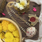 Vriksham AD Stone Pair Peacock Pendant 2 Layer Pearl With Gold Chain-Red Green-G18847