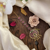 Vriksham Kemp Stone Dual Peacock Maang Tikka-Red,Green & White-Gold Bead-G16770