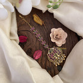 Vriksham Kemp Stone Dual Peacock Maang Tikka-Red,Green & White-Gold Bead White Pearl-G16769