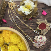 Vriksham AD Stone Pair Peacock Pendant 2 Layer Pearl With Gold Chain-Red-G18848