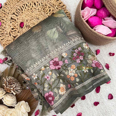 Vriksham Green Sita Ramam Floral Crush Organza Saree-Handloom-VS5028