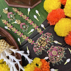 Vriksham Premium Lakshmi With Peacock AD Stone Kundan JadauLong Neckpiece-Red Green & White-Aqua Green Bead-J3999