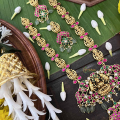 Vriksham Premium Lakshmi With Peacock AD Stone Kundan JadauLong Neckpiece-Red Green & White-Aqua Green Bead-J3999