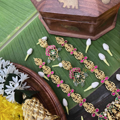 Vriksham Premium Lakshmi With Peacock AD Stone Kundan JadauLong Neckpiece-Red Green & White-Aqua Green Bead-J3999