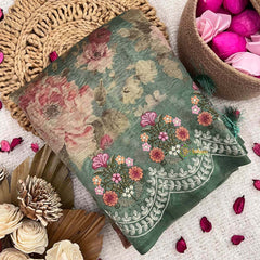 Vriksham Green Sita Ramam Floral Crush Organza Saree-Handloom-VS5030